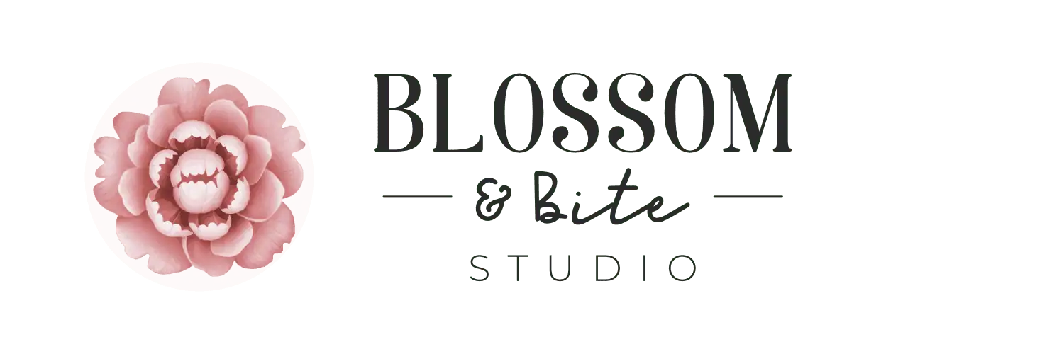 Pink peony with teeth shaped center petals set to the left of the words Blossom and Bite Studio