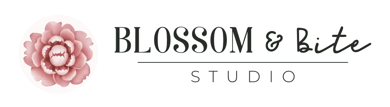 A pink peony with teeth shaped center petals set to the left of the words Blossom and Bite Studio